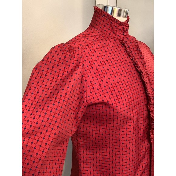 Vintage :: Red Polka Dot Secretary Blouse Size M Puffy Sleeve High Neck Ruffles - Picture 10 of 11